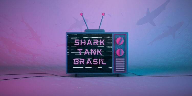 Uma televisão com a frase "SHARK TANK BRASIL" e sombras de tubarões em volta da TV.