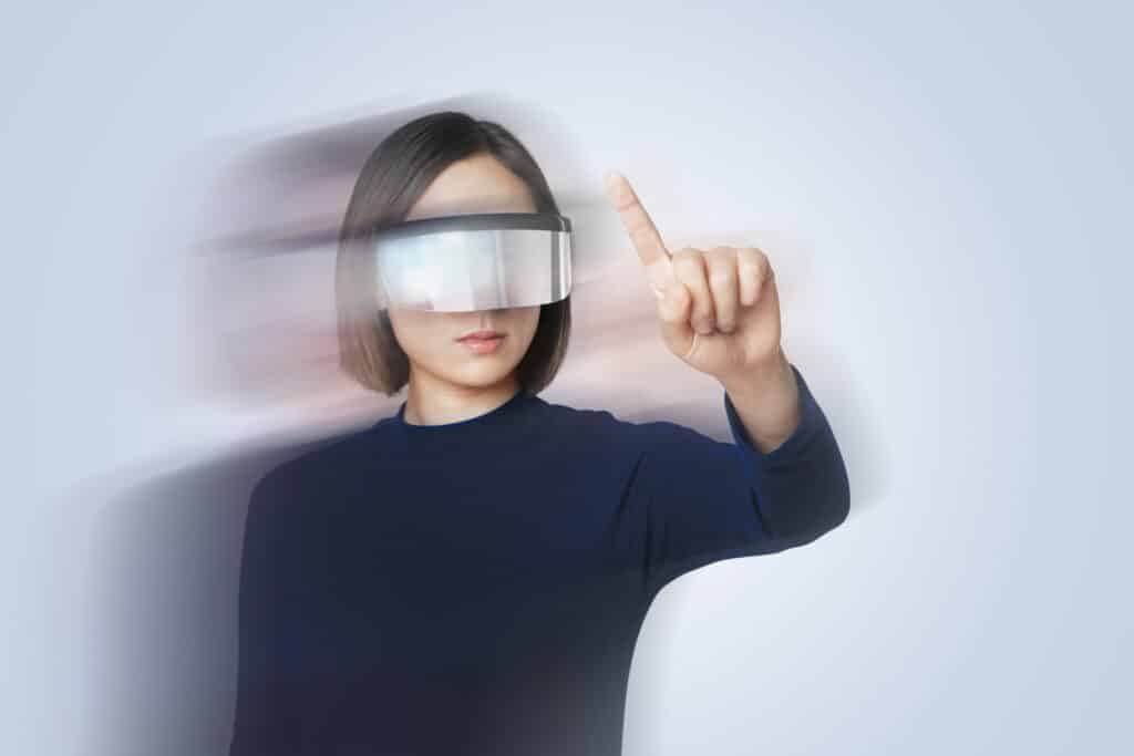 woman wearing smart glasses double exposure effect on technology theme
