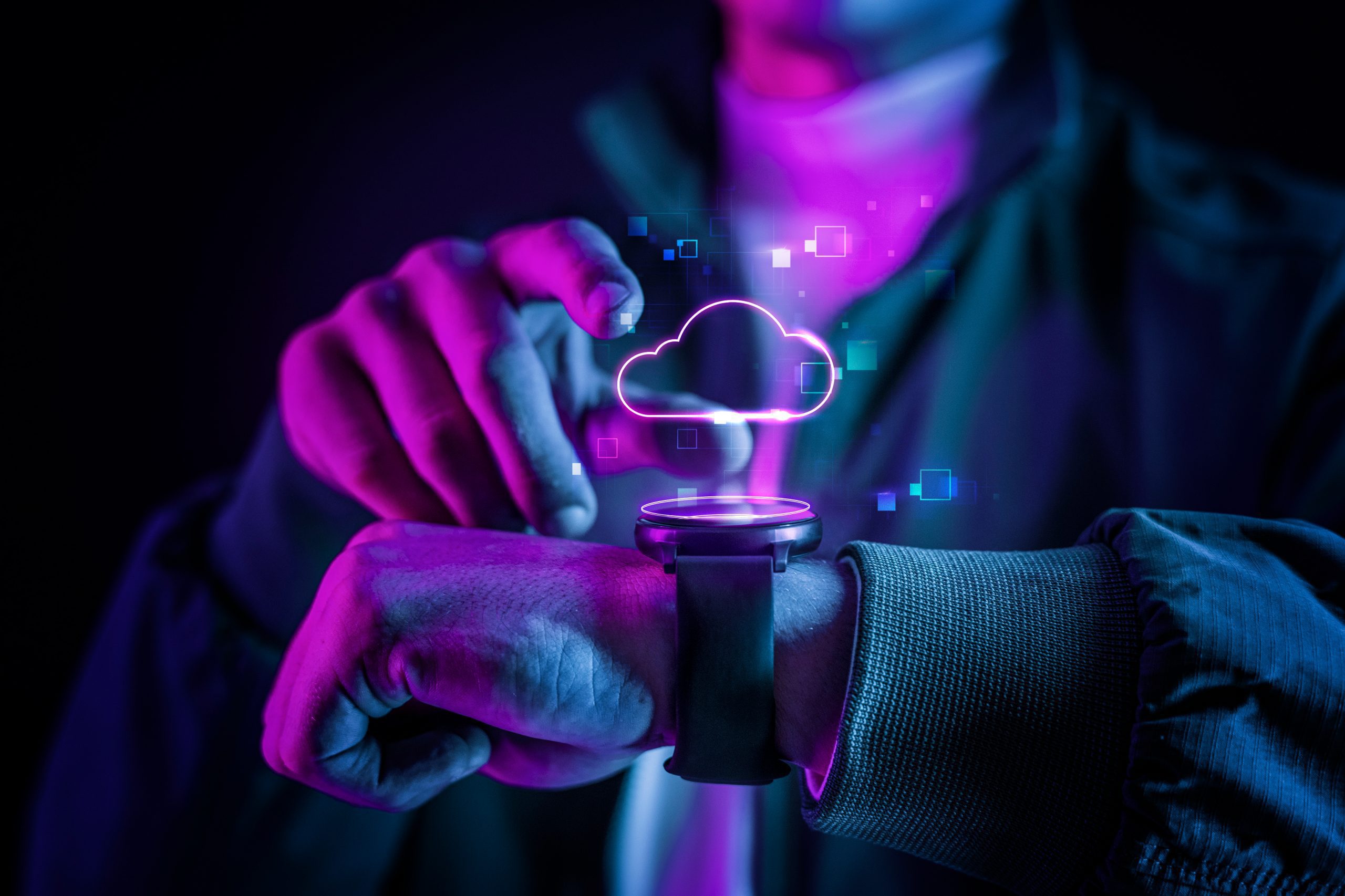 cloud technology with futuristic hologram on smartwatch scaled