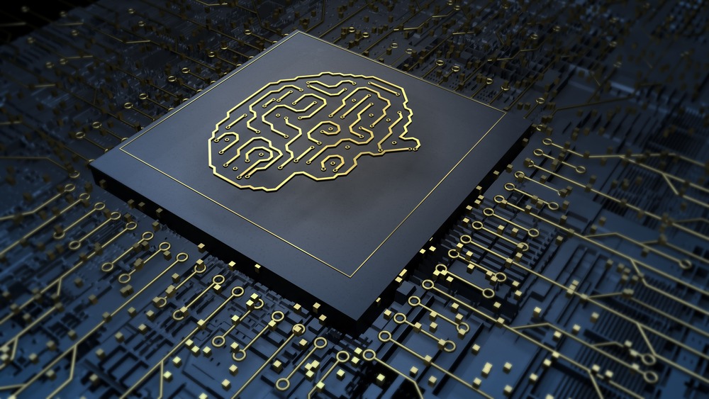 3d computer chip cpu with human brain processor on technology board ai science data network concep