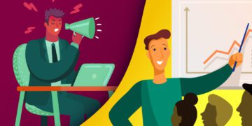 Lado esquerdo mostra um chefe; lado direito mostra um líder orientando sua equipe