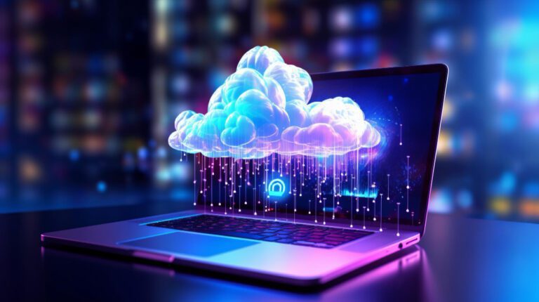 Foto um laptop e uma nuvem saindo da tela, fazendo alusão a Computação em Nuvem