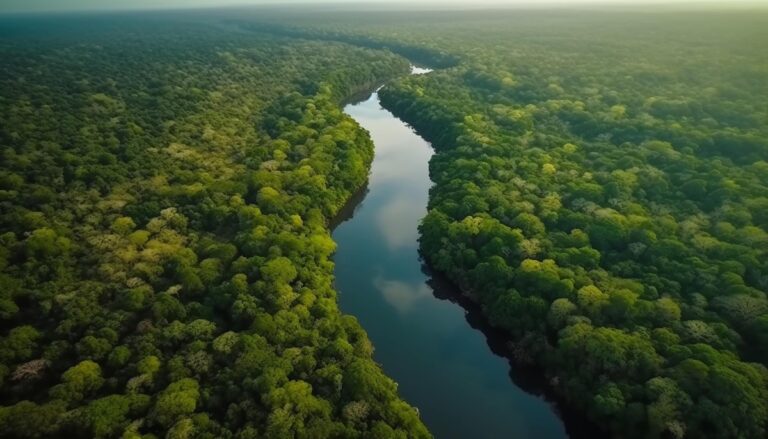 O imponente Rio Amazonas serpenteia majestosamente pela densa selva tropical