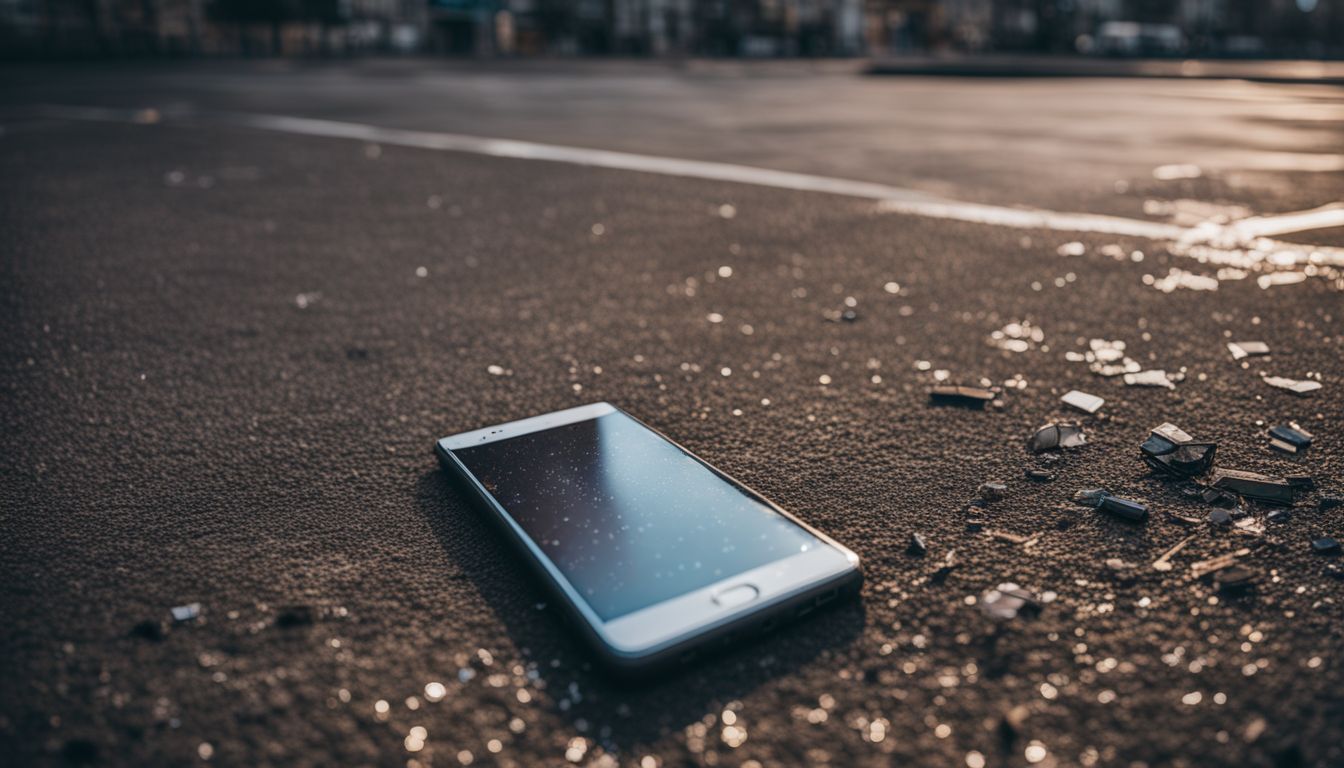 Um smartphone abandonado em um cenário urbano desolado.
