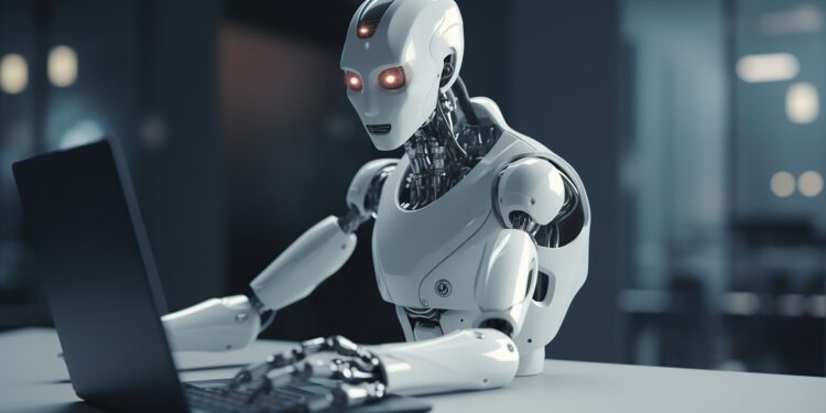 Robo advisor , chatbot , robotic concept. Robot finger point to laptop button. Generative Ai