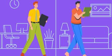 A imagem representa uma ilustração do trabalho híbrido, em que no lado esquerdo é mostrado uma pessoa no escritório e no lado direito uma pessoa trabalhando de casa