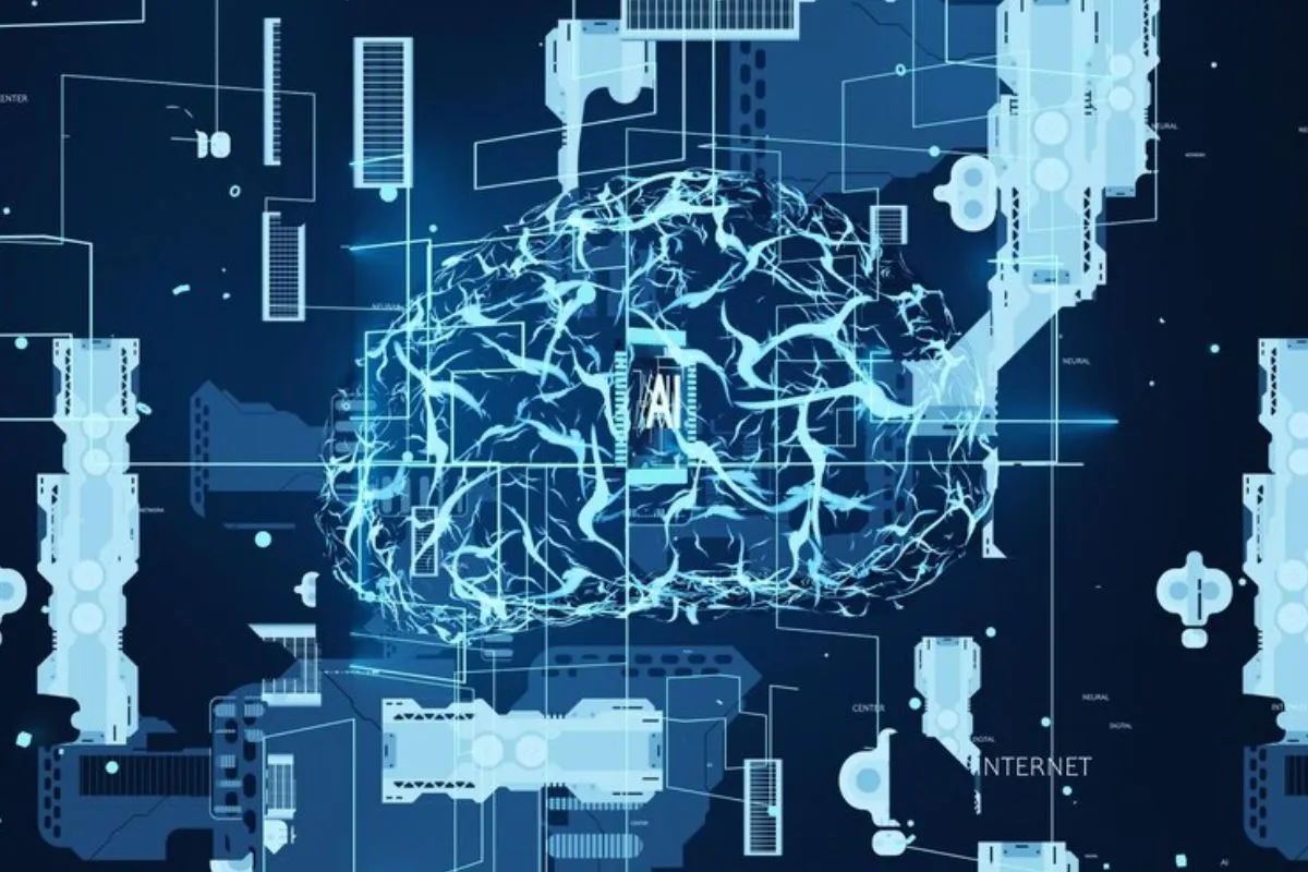 Ilustração de cérebro digital com elementos de IA e deep learning, mostrando conexões de redes neurais em um fundo tecnológico.