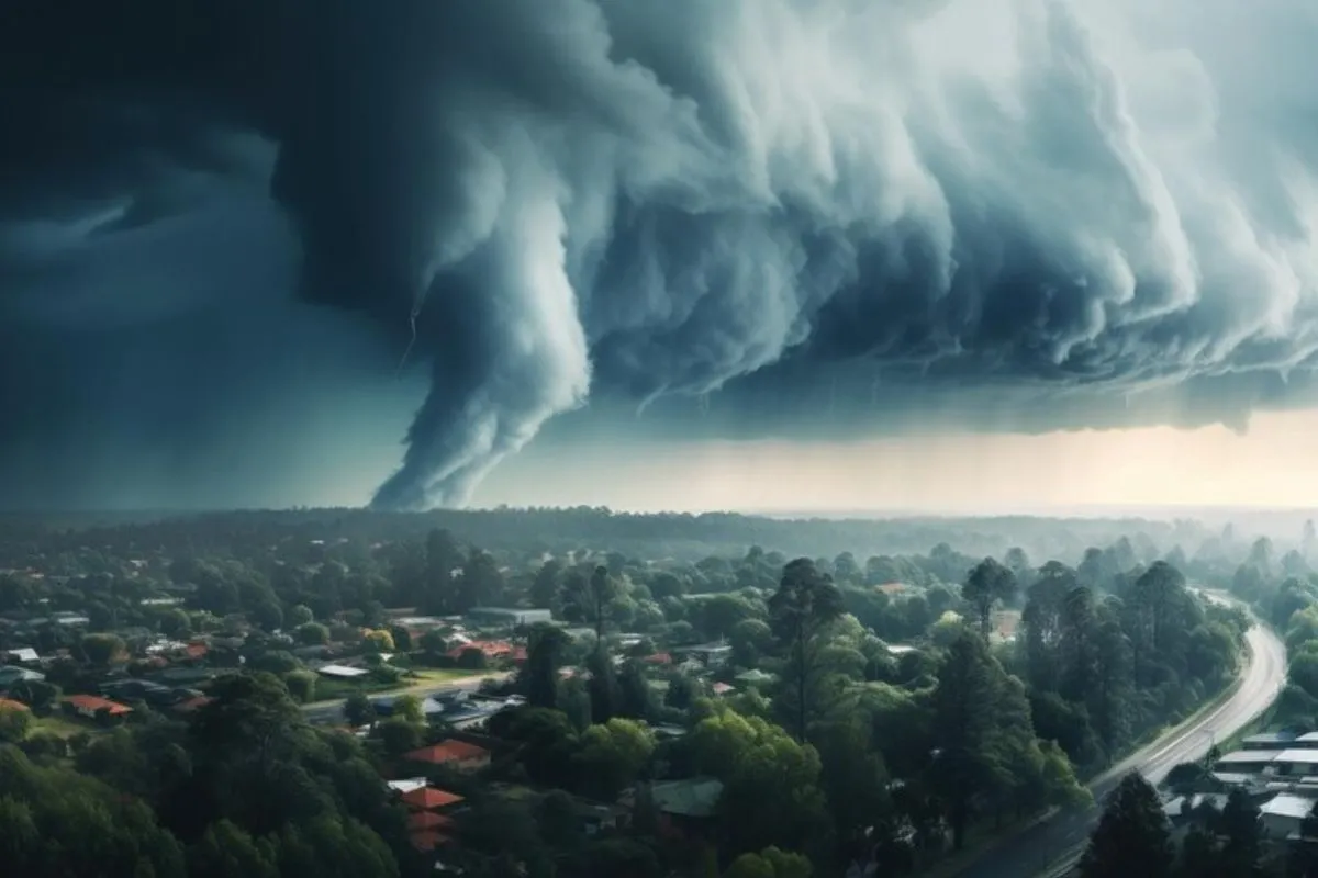 Tornado massivo se formando em uma cidade com casas e árvores ao redor, embaixo de um céu carregado de nuvens escuras.