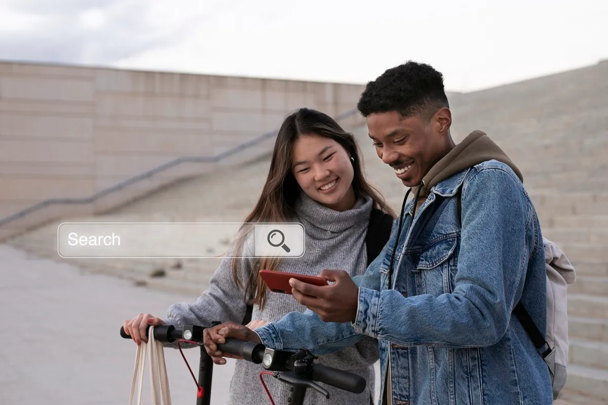 Duas pessoas jovens, uma mulher sorridente com cabelo longo e um homem de jaqueta jeans, olhando para um celular enquanto fazem uma busca online ao ar livre.