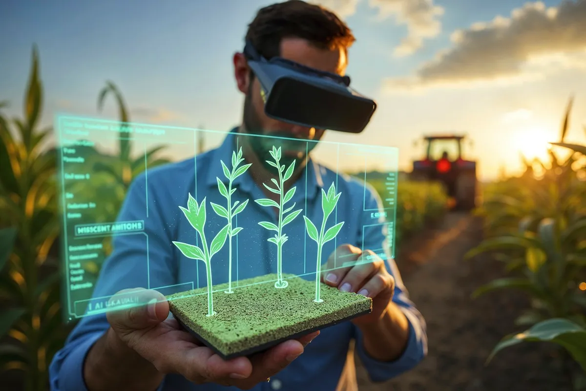 Agricultor utilizando óculos de realidade aumentada para analisar plantas com projeções virtuais de dados em um campo de cultivo