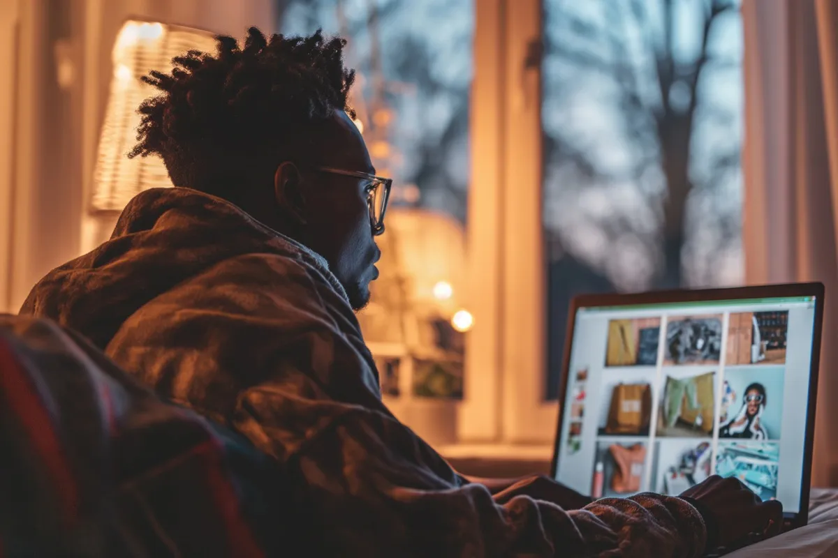 Pessoa usando um laptop à noite, navegando em uma página com várias imagens e conteúdos na tela.