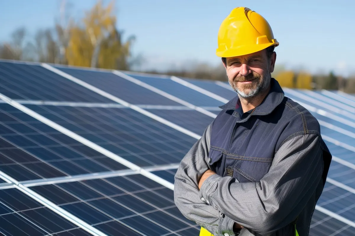 Engenheiro com capacete amarelo sorrindo ao lado de painéis solares fotovoltaicos em um dia ensolarado