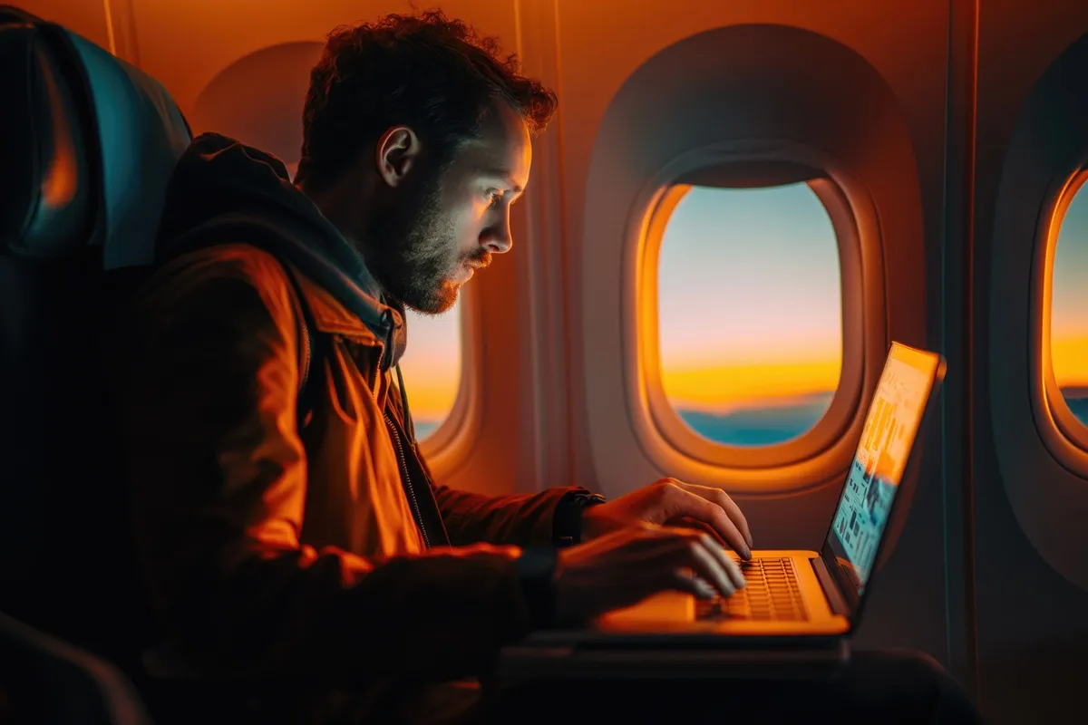 Homem usando laptop durante um voo ao pôr do sol, aproveitando o tempo de viagem para trabalhar