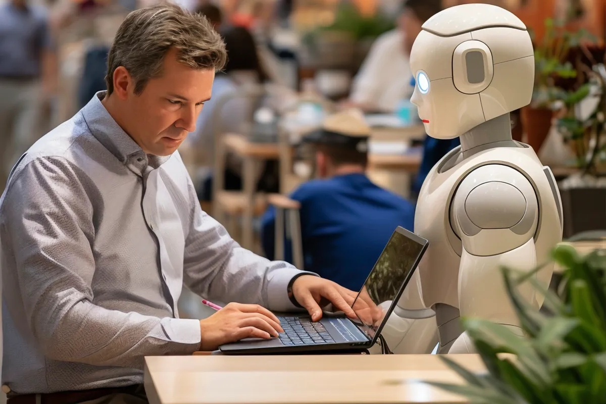 Automação com bots no ambiente de trabalho 29 Homem usando notebook em frente a robô humanoide em ambiente corporativo, representando colaboração entre humanos e inteligência artificial.