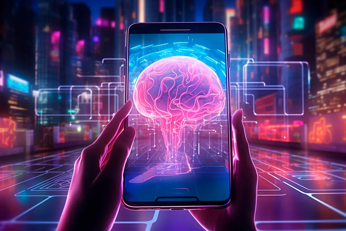 A ascensão da IA: superando o raciocínio humano na criatividade? 29 Representação digital de um cérebro em 3D em tela de smartphone, simbolizando inteligência artificial e raciocínio computacional em ambiente urbano futurista.