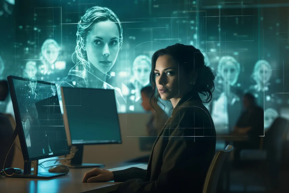 Tecnologia e recursos humanos: experiência do funcionário na era digital 29 Mulher em frente a monitores com hologramas de rostos femininos, representando o uso de inteligência artificial no RH e análise de perfis profissionais.