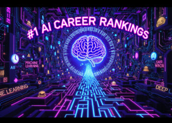 "AI maze, neon path to success, brain symbol, machine learning, deep learning, transforming sectors, certifications, #1 AI career"