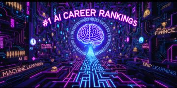 "AI maze, neon path to success, brain symbol, machine learning, deep learning, transforming sectors, certifications, #1 AI career"