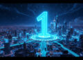 "Futuristic web city with AI hubs, '1' symbolizing top rankings, paths forming 'Autenticidade', 'Qualidade', 'Relevância'."
