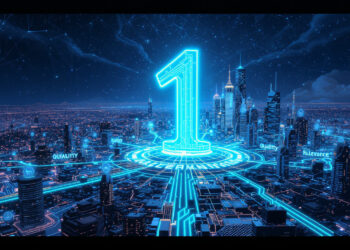 "Futuristic web city with AI hubs, '1' symbolizing top rankings, paths forming 'Autenticidade', 'Qualidade', 'Relevância'."