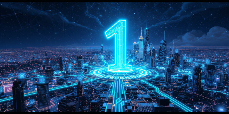 "Futuristic web city with AI hubs, '1' symbolizing top rankings, paths forming 'Autenticidade', 'Qualidade', 'Relevância'."