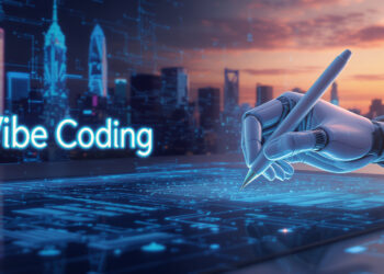 Vibe Coding AI-driven code on digital tablet, neon cityscape at sunset.