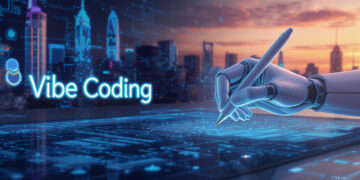 Vibe Coding AI-driven code on digital tablet, neon cityscape at sunset.
