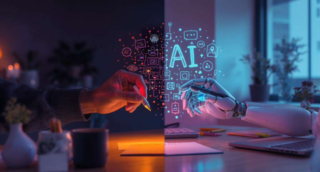 O Futuro do Conteúdo Web: Autenticidade, Qualidade e Relevância em um Mundo Impulsionado pela IA 30 Ilustração de colaboração entre humano e IA na criação de conteúdo, destacando voz da marca, ética e supervisão humana.