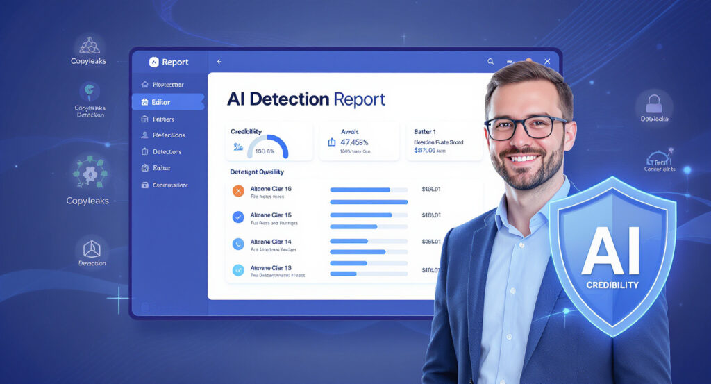 O Futuro do Conteúdo Web: Autenticidade, Qualidade e Relevância em um Mundo Impulsionado pela IA 29 Cena de edição com relatório de detecção de IA, enfatizando credibilidade editorial e uso de ferramentas de detecção.