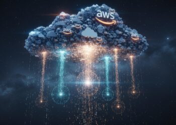 AWS Treina Brasil: programa gratuito de IA e nuvem vai qualificar 1 milhão e abre 30 mil vagas no Ceará 29 Luminous AWS cloud with data streams showing advancement paths and potential roadblocks, symbolizing professional growth.