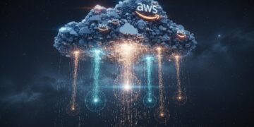 Luminous AWS cloud with data streams showing advancement paths and potential roadblocks, symbolizing professional growth.