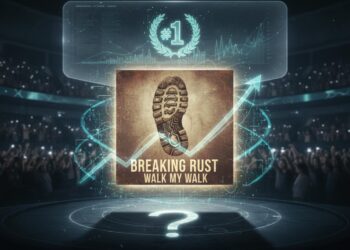 3D music chart visualization with a glowing #1 song in neon pink, surrounded by gold musical notes and abstract data interfaces.