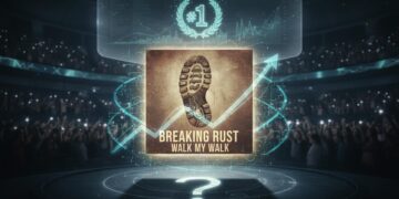 3D music chart visualization with a glowing #1 song in neon pink, surrounded by gold musical notes and abstract data interfaces.