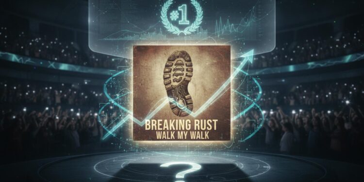 Música de IA lidera paradas da Billboard e gera debate sobre autenticidade 28 3D music chart visualization with a glowing #1 song in neon pink, surrounded by gold musical notes and abstract data interfaces.