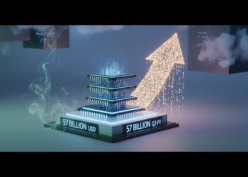 Nvidia AI chip demand success - abstract gold forms ascending with purple circuits and green data bubbles