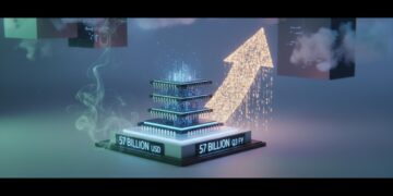 Nvidia AI chip demand success - abstract gold forms ascending with purple circuits and green data bubbles