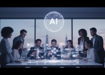 OpenAI libera chats em grupo no ChatGPT 29 Stylized figures collaborating on a glowing digital interface with abstract UI elements, symbolizing teamwork and digital creation.