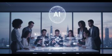 Stylized figures collaborating on a glowing digital interface with abstract UI elements, symbolizing teamwork and digital creation.