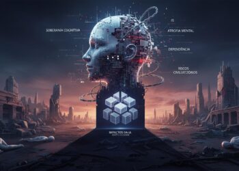 Soberania cognitiva em risco pela IA e seus efeitos civilizatórios 29 AI mind, glowing with data and abstract UI elements, representing cognitive processes