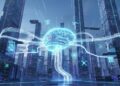 Futuristic cityscape with glowing AI brain, connected data pathways, tech symbols in cool blues and neon purples.