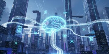 Futuristic cityscape with glowing AI brain, connected data pathways, tech symbols in cool blues and neon purples.