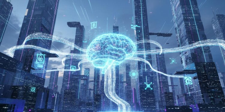 Futuristic cityscape with glowing AI brain, connected data pathways, tech symbols in cool blues and neon purples.