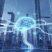 Futuristic cityscape with glowing AI brain, connected data pathways, tech symbols in cool blues and neon purples.