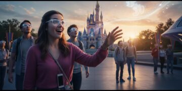 Humanoid figures with smart glasses in a vibrant theme park, showcasing digital interaction and reduced phone use.