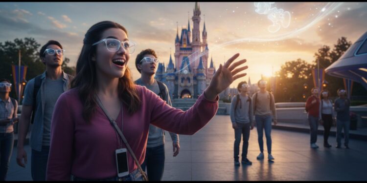Humanoid figures with smart glasses in a vibrant theme park, showcasing digital interaction and reduced phone use.