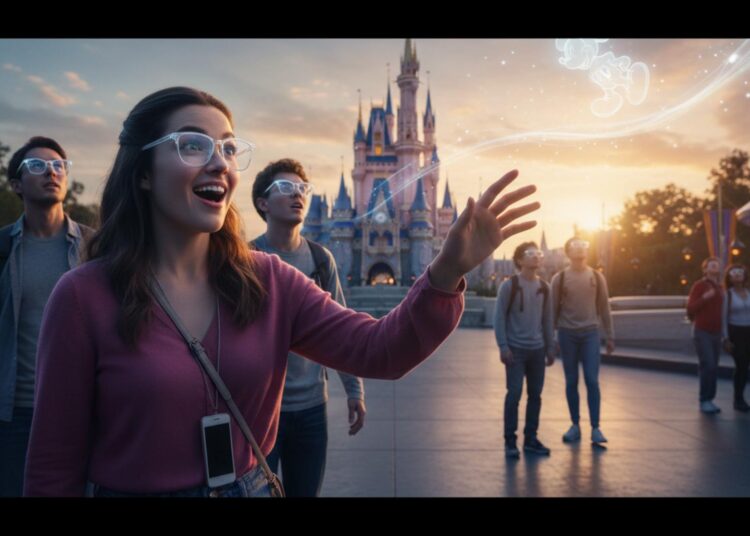 Humanoid figures with smart glasses in a vibrant theme park, showcasing digital interaction and reduced phone use.