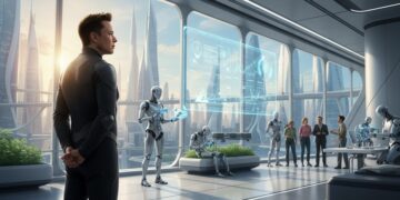 Stylized cityscape at night with purple AI tech blocks and neon pink robotics, showcasing economic flow and growth with 3D figures interacting with data.