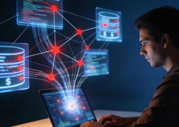 Brazilian programmer analyzing financial data on a floating screen with UI elements