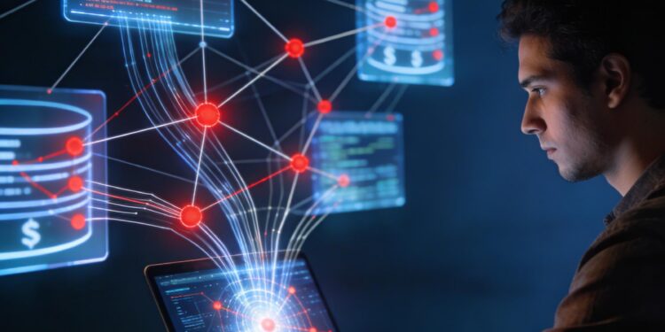 Brazilian programmer analyzing financial data on a floating screen with UI elements
