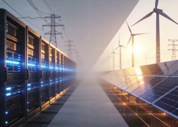 USA data center's neon pink glow meets Brazil's green energy landscape, highlighting energy management and regulatory limbo.